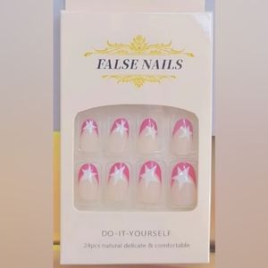 Women's DIY False Nails Short Almond Shaped Pink Tip White Star Pattern